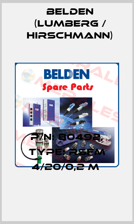 P/N: 80492, Type: RSFM 4/20/0,2 M  Belden (Lumberg / Hirschmann)