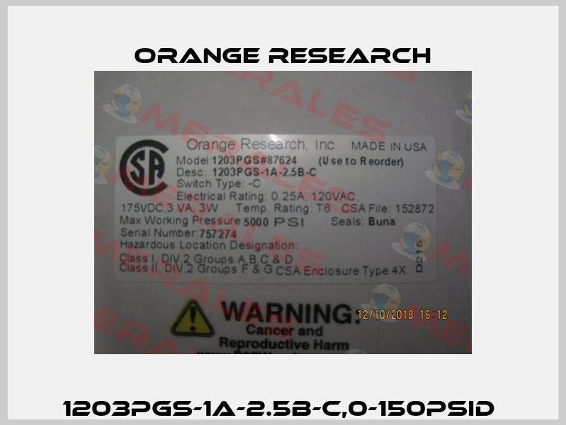 1203PGS-1A-2.5B-C,0-150PSID  Orange Research